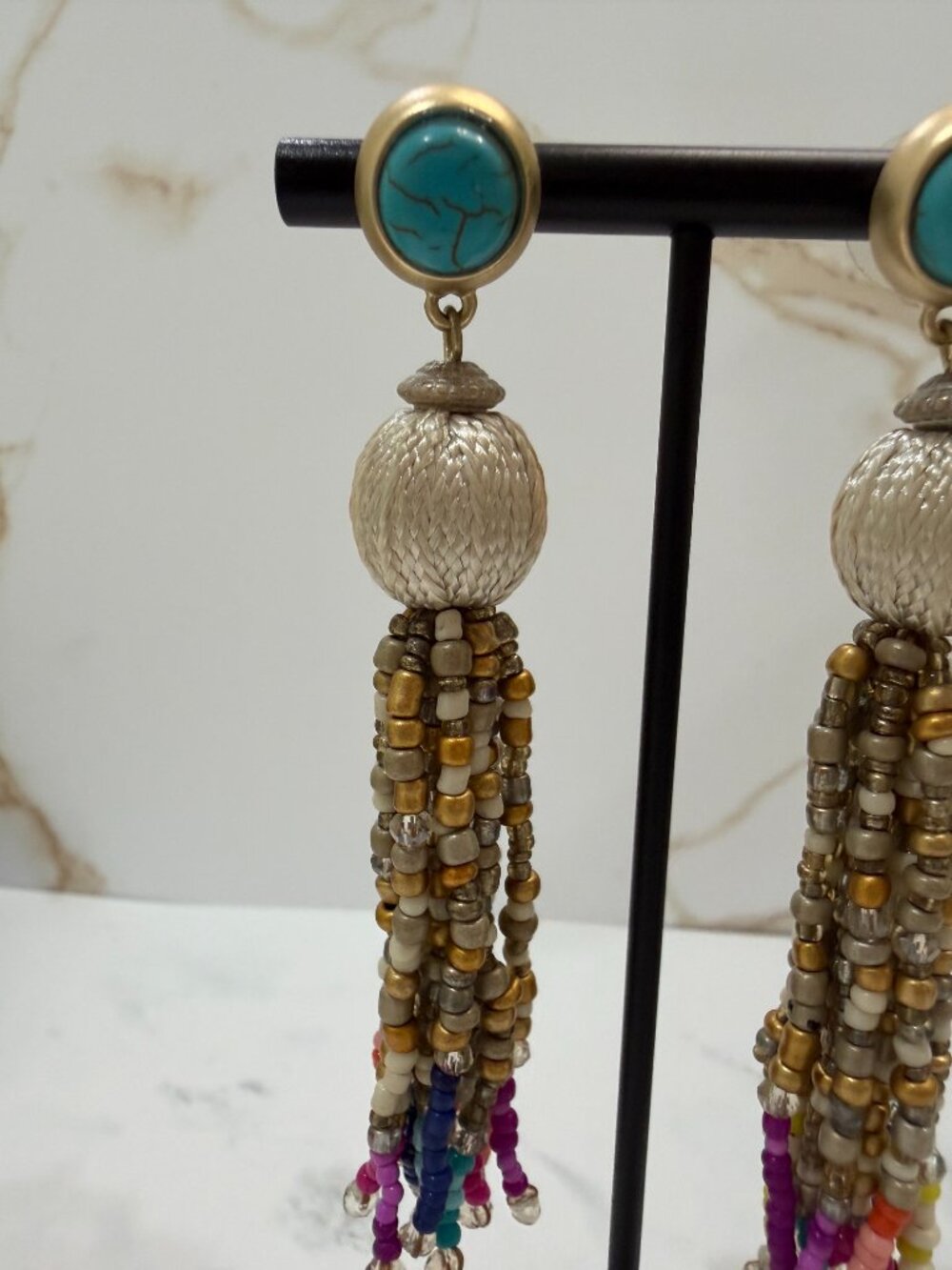 Chico’s Turquoise Cabochon Pearl Bead Multi Strand Tassel Drop Earrings - Picture 3 of 7
